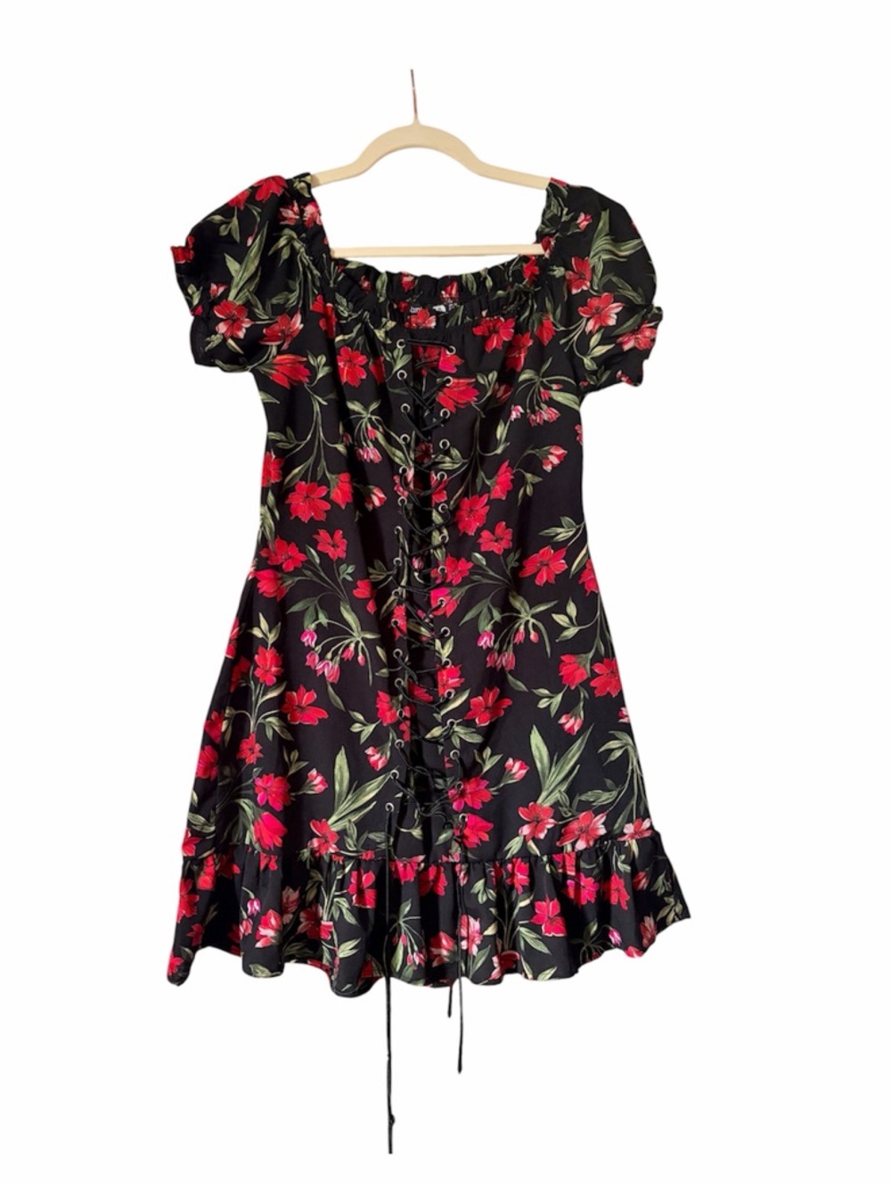 Boohoo Black Floral Mini Dress with Red Flowers